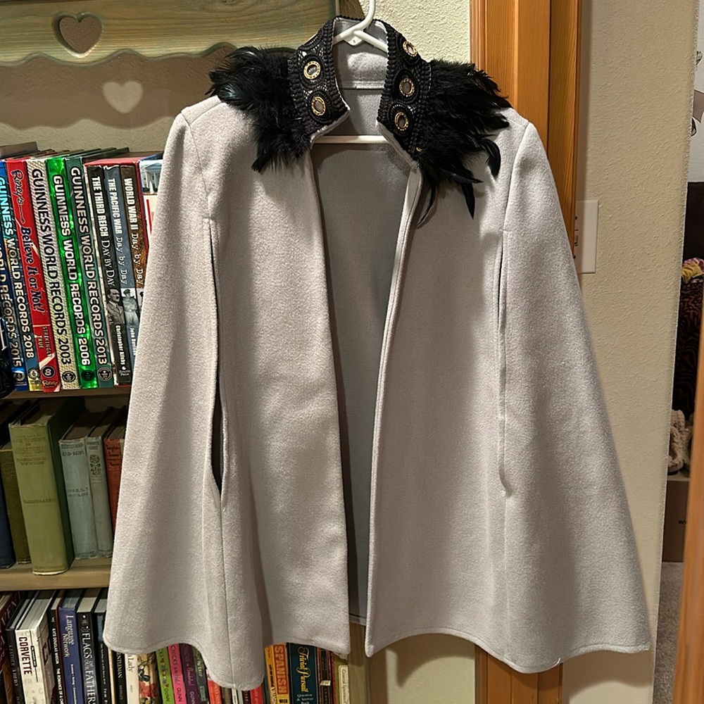 SHEIN Gray Cape with Black Feather Detail